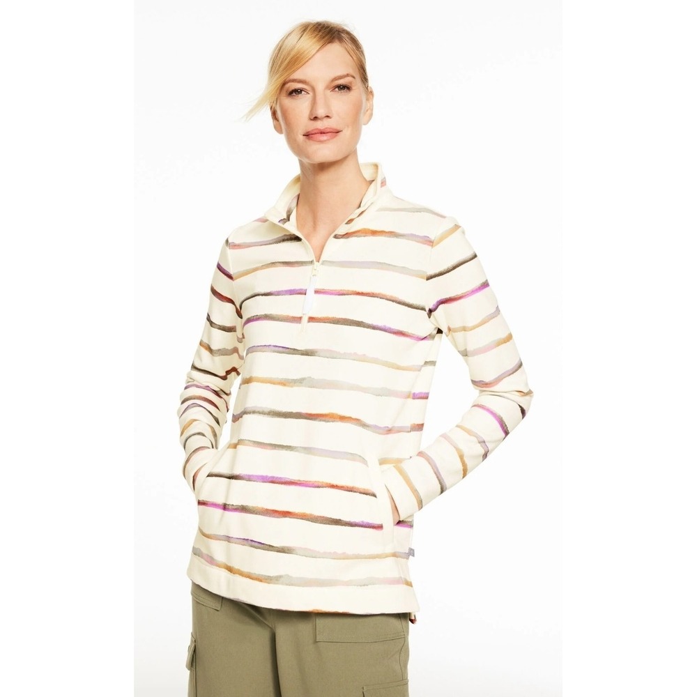 T by Talbots Watercolor Stripe Quarter Zip Pullover Cream‎ Pink XL Petite
